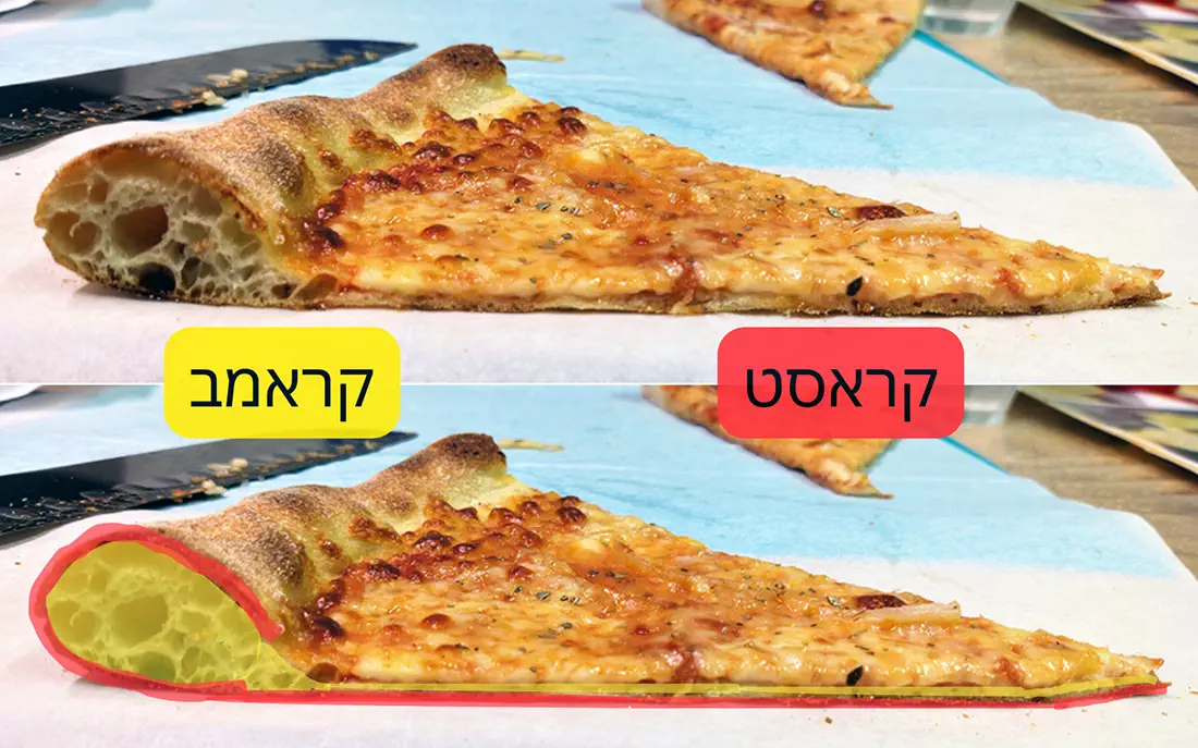 אילוסטרציה של ההבדל בין קראסט לקראמב בפיצה